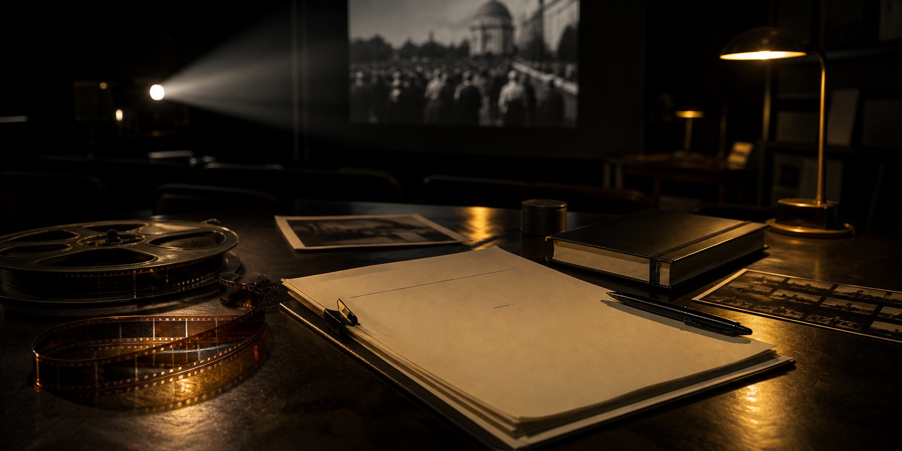 A documentary review table with film materials, a projector beam, and warm desk light.